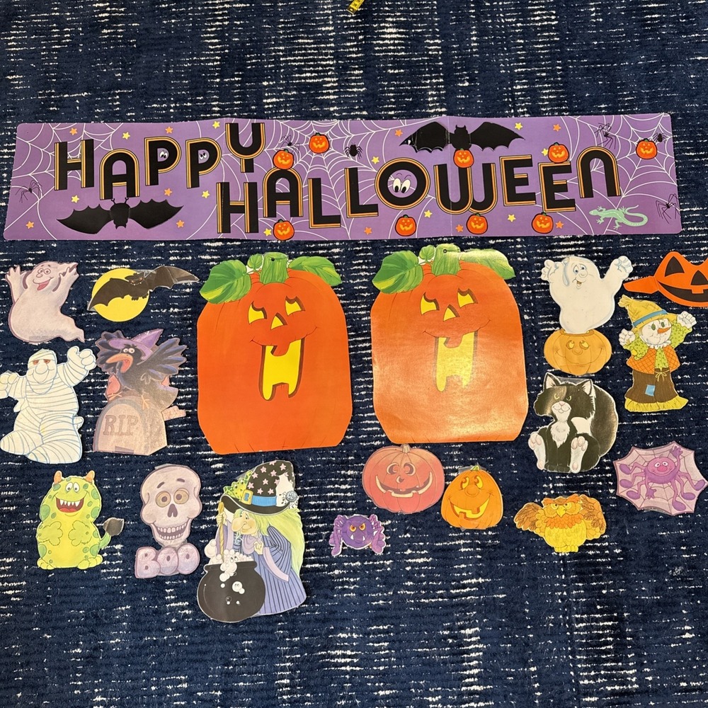 Lot Vtg Halloween Die Cut Eureka And Unmarked Wall Hangings Witch Skull Banner